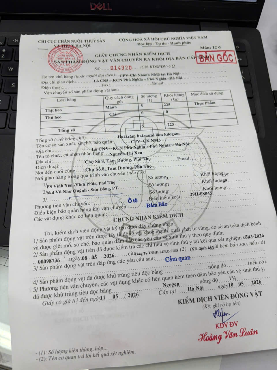Giấy chứng nhận kiểm dịch động vật vận chuyển ra khỏi địa bàn cấp tỉnh